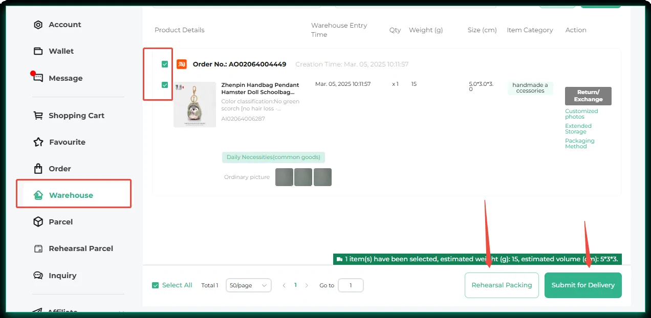 ACbuy Warehouse page with Submit for Delivery and Rehearsal Packing