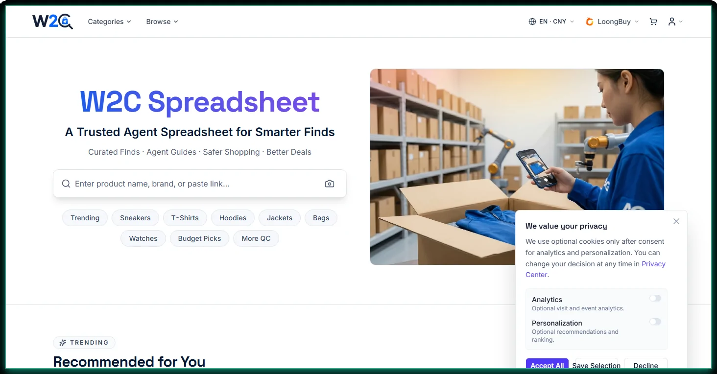 W2C Spreadsheet homepage with Recommended for You