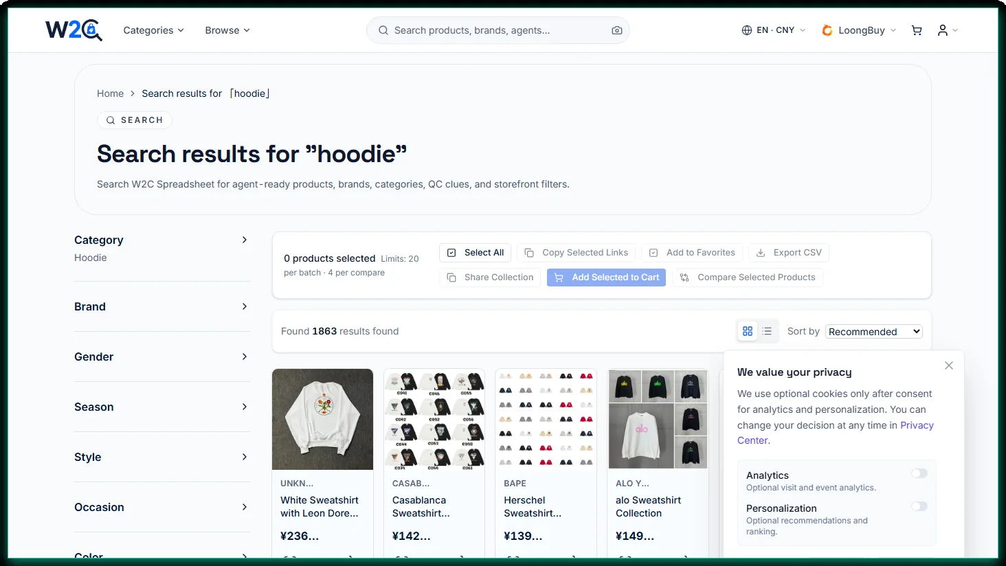W2C Spreadsheet hoodie search results with category filters