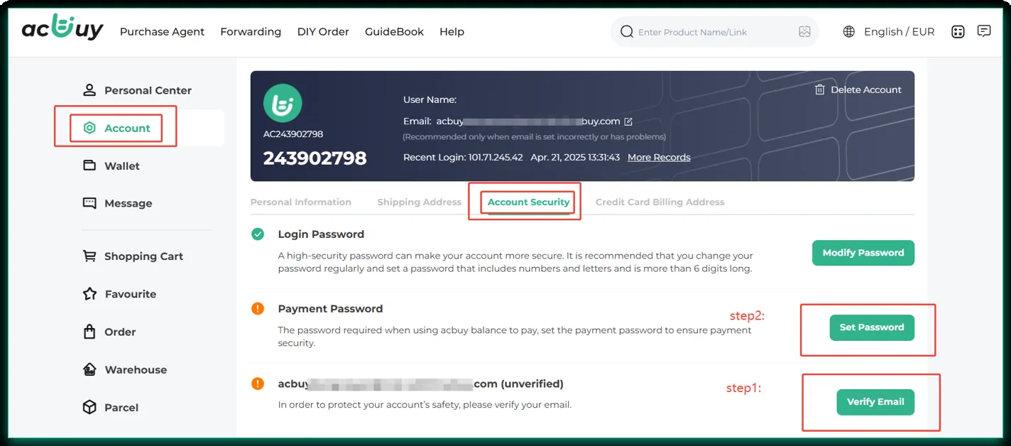 ACbuy account security page with verify email and payment password